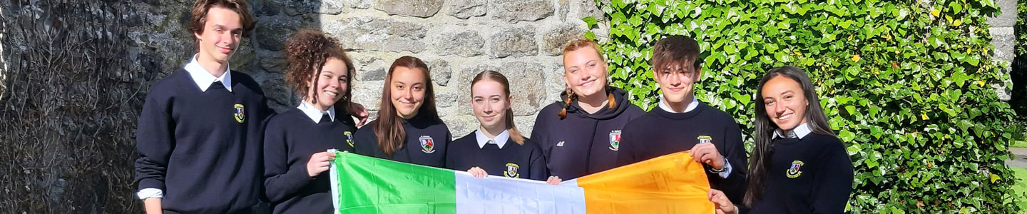 Gruppe mit Austauschschülerinnen und Schülern halten Irland Flagge