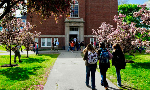 Schülerinnen und Schüler spazieren über den Campus ihrer High School in den USA